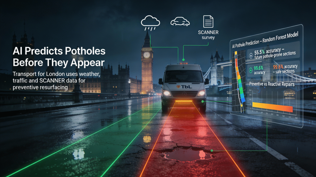 Photo realistic London night scene with TfL van and infographic overlays explaining AI pothole prediction