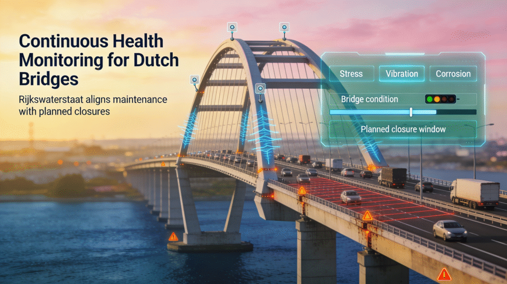 Photo realistic Van Brienenoord Bridge in Rotterdam with infographic overlays illustrating continuous structural health monitoring